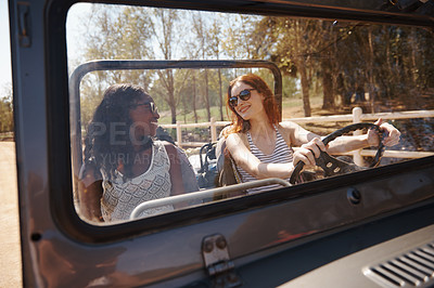 Buy stock photo Women, happy or talking on road trip in nature, care or travel adventure for holiday in countryside. Friends, driving or cool in convertible van on summer vacation, love or bonding together in texas