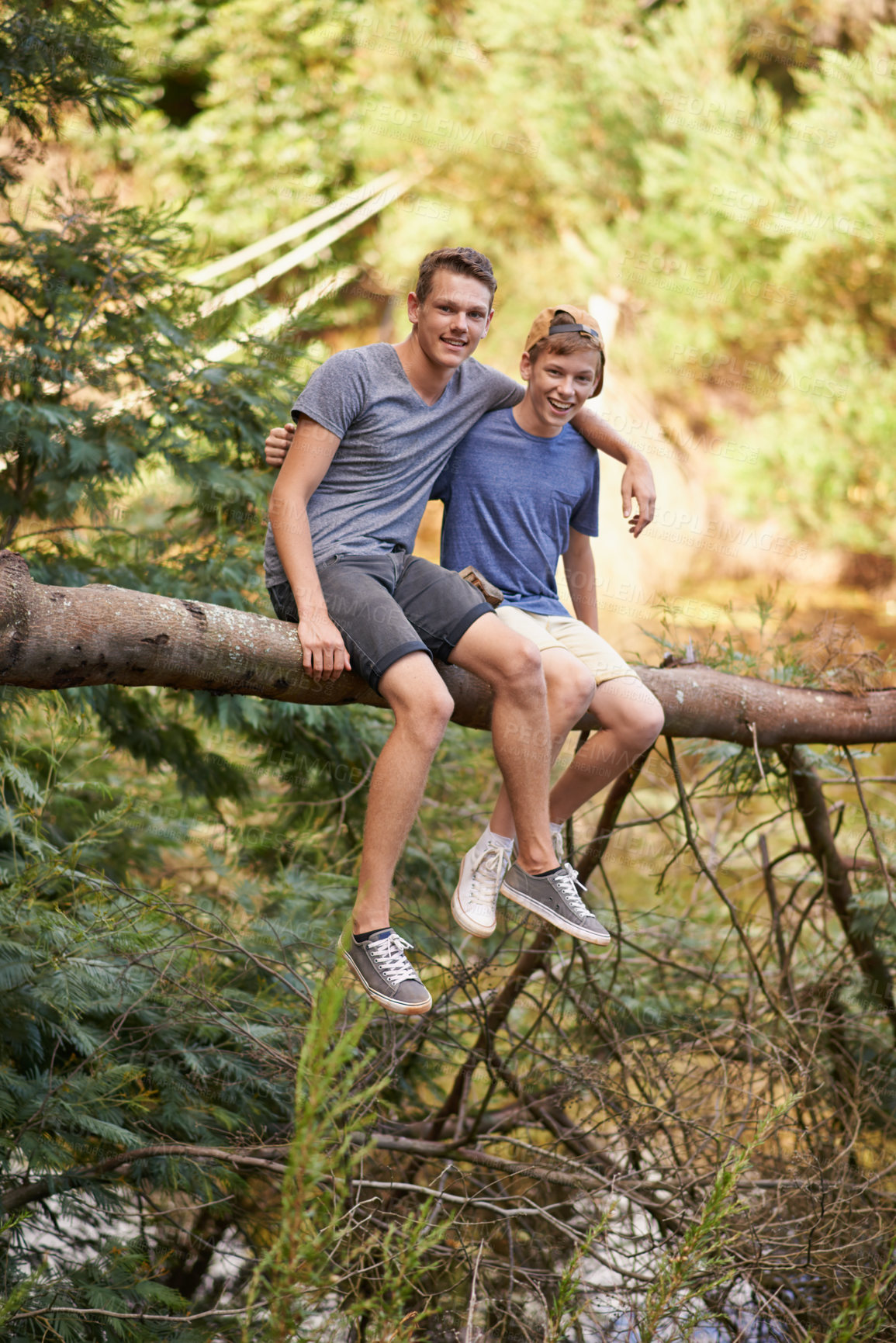 Buy stock photo Boys, portrait and friends in nature on tree trunk to explore wilderness, outdoor and activities on summer camp. Diversity, teenager and together to relax or climb on log in forest for adventure