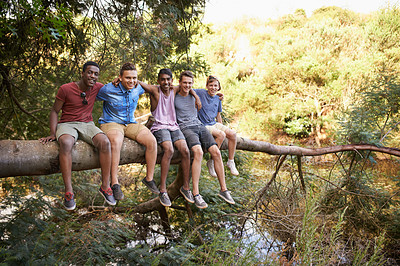 Buy stock photo Shot of a group of boys having fun outdoors