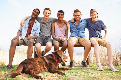 Buy stock photo Portrait, dog and teenagers with boys, outdoor and countryside with vacation and bonding together. Group, nature and animal with environment and friends with support and natural with weekend break