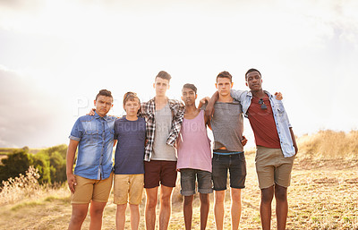 Buy stock photo Portrait, sunshine and teenagers with boys, outdoor and countryside with environment and bonding together. People, nature and fun with youth and friends with support and natural with weekend break