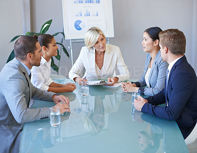 Buy stock photo Business people in a meeting, teamwork and discussion in conference room with diversity in corporate group. Men, women and female team leader with conversation, data analytics and collaboration