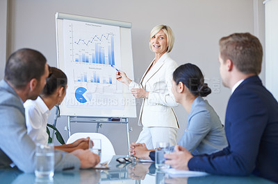 Buy stock photo People in a business meeting, presentation with data analytics and woman speaker, leadership and graphs. Analysis of research in seminar in conference room with corporate group in collaboration 
