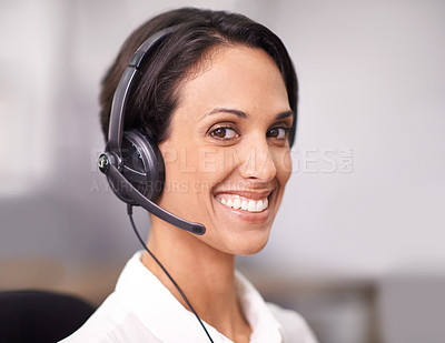Buy stock photo Happy woman, consultant and face with headphones at call center for customer service or support at office. Female person, agent or employee with smile for online advice or consulting at workplace