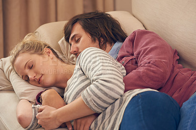 Buy stock photo Sleeping, love and couple relax on a sofa with care, support and safety, security and bonding in their home. Peace, calm and people embrace in a living room in comfort, nap or resting in a house