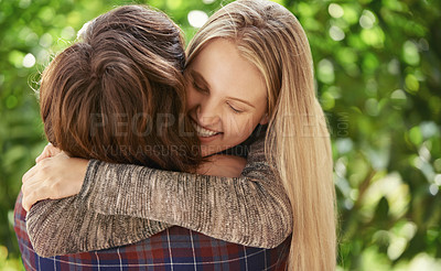 Buy stock photo Hug, happy and couple in park for love, bonding and relationship on weekend together. Dating, relax and man and woman for affection, kiss and embrace in nature for holiday, vacation and romance