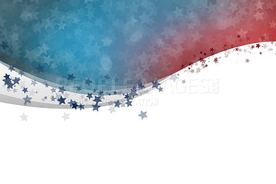 Buy stock photo Banner, illustration and stars with pattern of graphic, poster or billboard on a white or abstract background. Empty, mockup space or text with stripes or color of America, usa or country theme