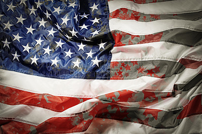 Buy stock photo Closeup of a dirty American flag. Faded national banner for Memorial Day to feel pride for war veterans. Red, white and blue government flag for independence, patriotism in United States of American