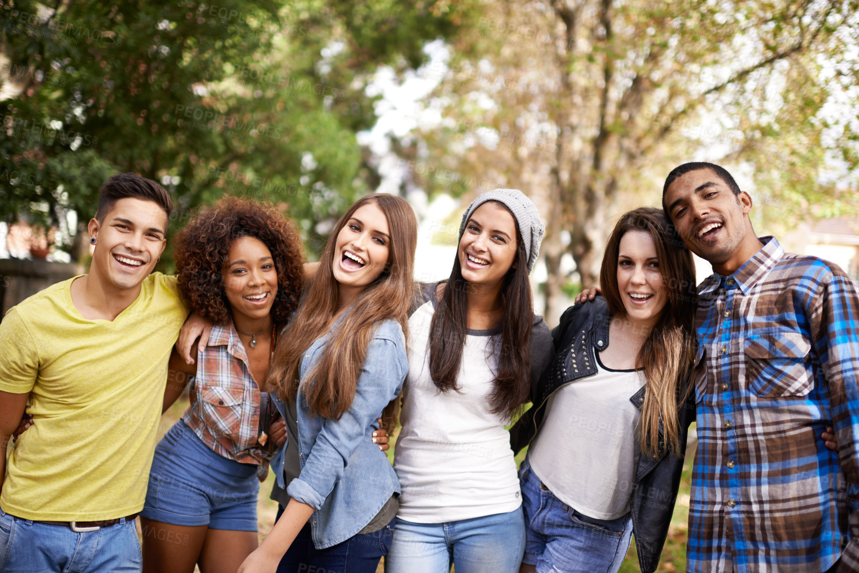 Buy stock photo Portrait, group and friends in a park, summer and bonding together with weekend break and happiness. Smile, people and men with women or outdoor for fun or diversity with vacation, joyful and reunion