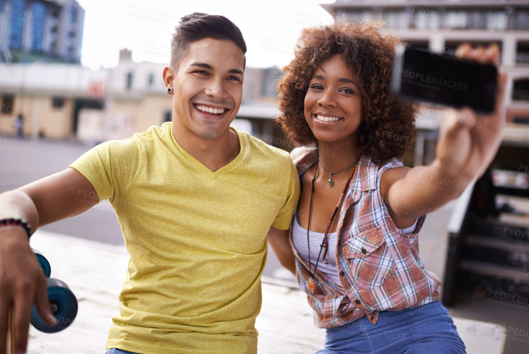 Buy stock photo Selfie, phone and couple with skateboard in city for exercise, training and sports hobby in town. Skate park, fashion and man and woman on smartphone for social media, networking and online post