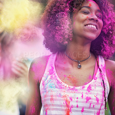 Buy stock photo Powder, paint and woman at color festival in park, happiness and fun with celebration or party outdoor. Freedom, excited and colorful mess, smile with joy and culture, positivity and summer event