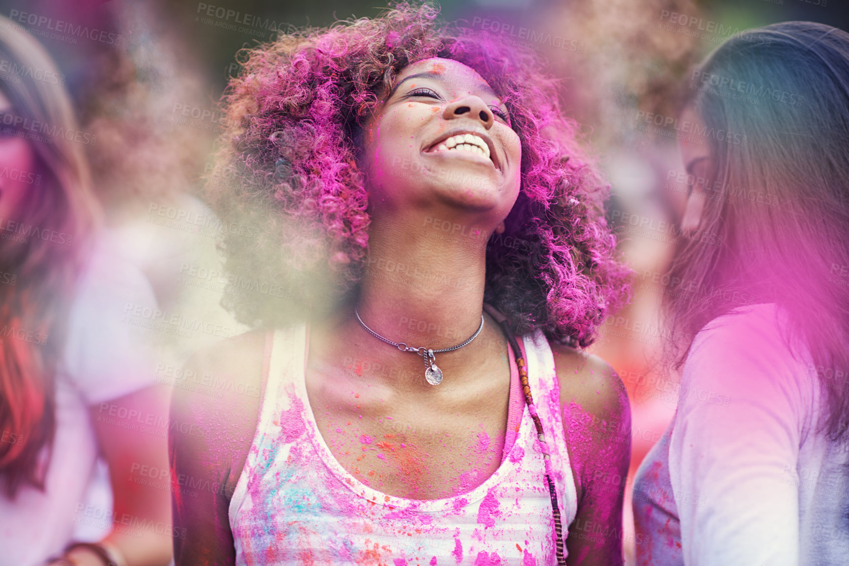 Buy stock photo Shot of happy friends having fun with powder paint