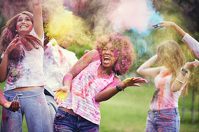 Buy stock photo Friends, happiness and powder paint at color festival in park,  fun with celebration or party outdoor. Freedom, bonding and colorful mess in nature, joy and culture with people at summer event