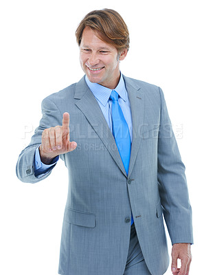 Buy stock photo Happy businessman, pointing and touch with interface or interaction on a white studio background. Mature man or male person with finger on selection, choice or decision and invisible mockup space