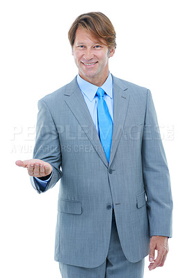 Buy stock photo Happy, businessman and portrait with palm for advertising or marketing on a white studio background. Face of man or employee with smile or hand out for selection, choice or presentation on mockup
