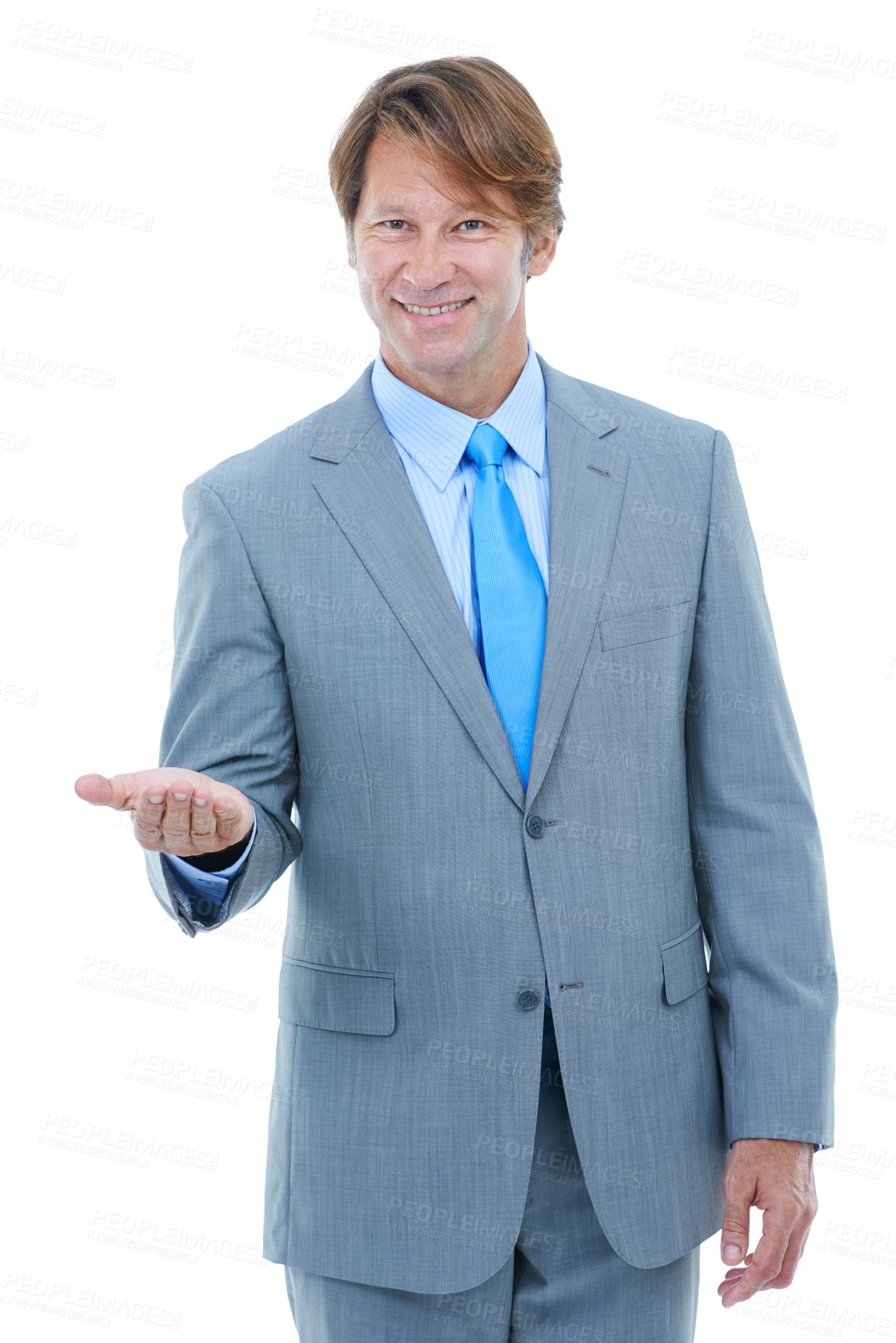 Buy stock photo Happy, businessman and portrait with palm for advertising or marketing on a white studio background. Face of man or employee with smile or hand out for selection, choice or presentation on mockup