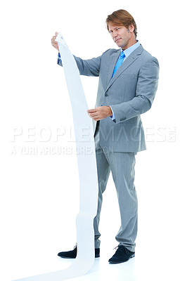 Buy stock photo Businessman, portrait and receipt with finance, bills or expenses on a white studio background. Man or employee with paperwork or document for financial record, debt or budget list on mockup space