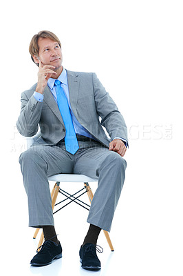 Buy stock photo Think, chair and businessman in studio thoughtful for mission or decision, vision and planning for corporate career. Person, white background and ideas for project development, pensive and insight.