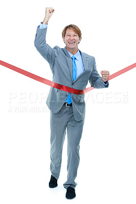 Buy stock photo Happy, businessman and running with finish line for success, completion or victory on a white studio background. Excited man or employee with smile and fist pump in celebration for winning on mockup 