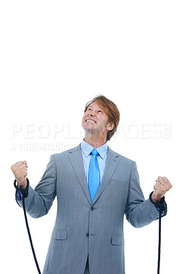 Buy stock photo Businessman, studio and frustrated with rope on hands for bondage or hostage with struggle or stress. Male person, tied up for corporate and prisoner for job or work, isolated and white background