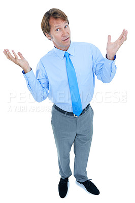 Buy stock photo Businessman, questions or hands up in studio portrait for confused or shrug for frustrated in corporate career. Professional consultant, face or lawyer with legal problem solving on white background