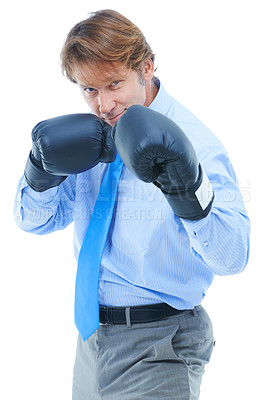Buy stock photo Businessman, portrait and boxing gloves in studio for competition, corporate opportunity and victory at work. Male person, face and confidence to fight for promotion on white background with smile
