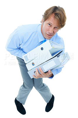 Buy stock photo Businessman, frustrated and files in studio portrait with frown and binder of paperwork in corporate career. Professional, tired face and administrator with documents or burnout on white background