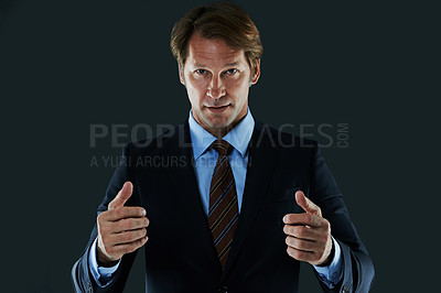 Buy stock photo Portrait, businessman and hands for presentation, display and promotion isolated on dark studio background. Male person, corporate worker and banker with gesture for advertising, marketing and show