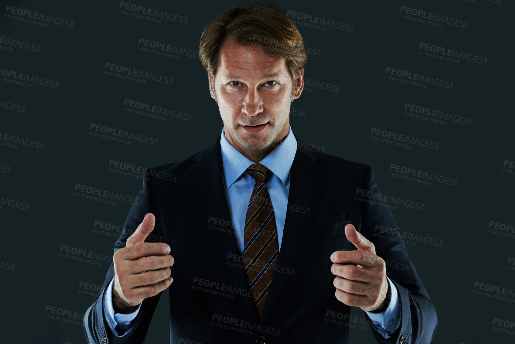 Buy stock photo Portrait, businessman and hands for presentation, display and promotion isolated on dark studio background. Male person, corporate worker and banker with gesture for advertising, marketing and show
