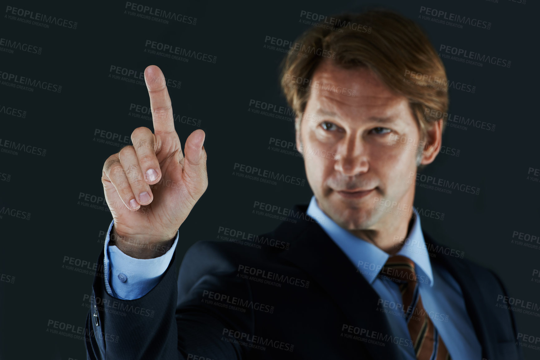 Buy stock photo Press, businessman and hand for presentation, display and  button isolated on dark studio background. Male person, corporate worker and banker with but click on interface, connection and screen