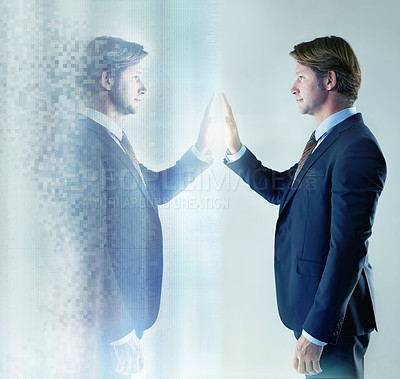 Buy stock photo Hologram, touch and businessman with reflection for thinking, introspection and self discovery in corporate career. Digital image, virtual and profile of broker reaching out for connection