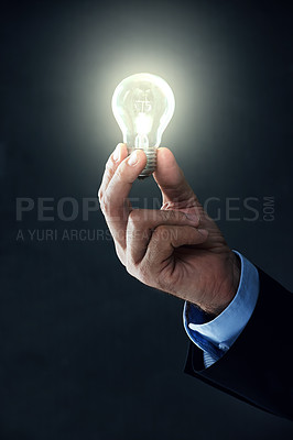 Buy stock photo Lightbulb, globe and hand in studio for idea, think and inspiration in business for brilliant with mockup. Light, spark and bright for electricity and lead for understanding, solution or energy  