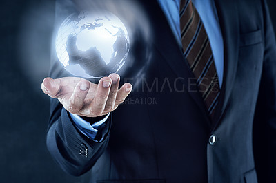 Buy stock photo Hologram, world and hand in studio for globe, earth or communication and connectivity in business. Planet or map with aura for economy, diversity or future for corporate, trade or travel with mockup