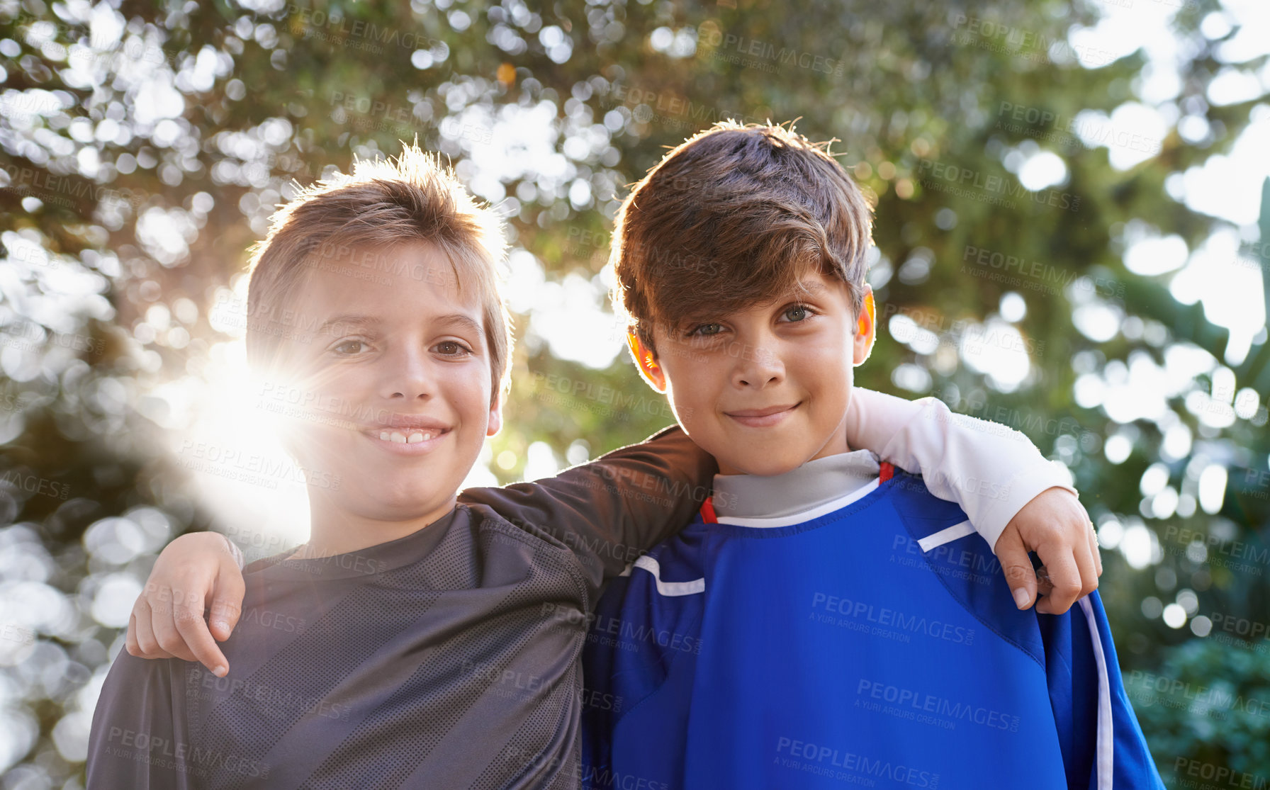 Buy stock photo Children, friends and portrait or team sports for soccer training in nature park for fitness, workout or bonding. Male people, outdoor and exercise game in environment for hobby, competition or kit