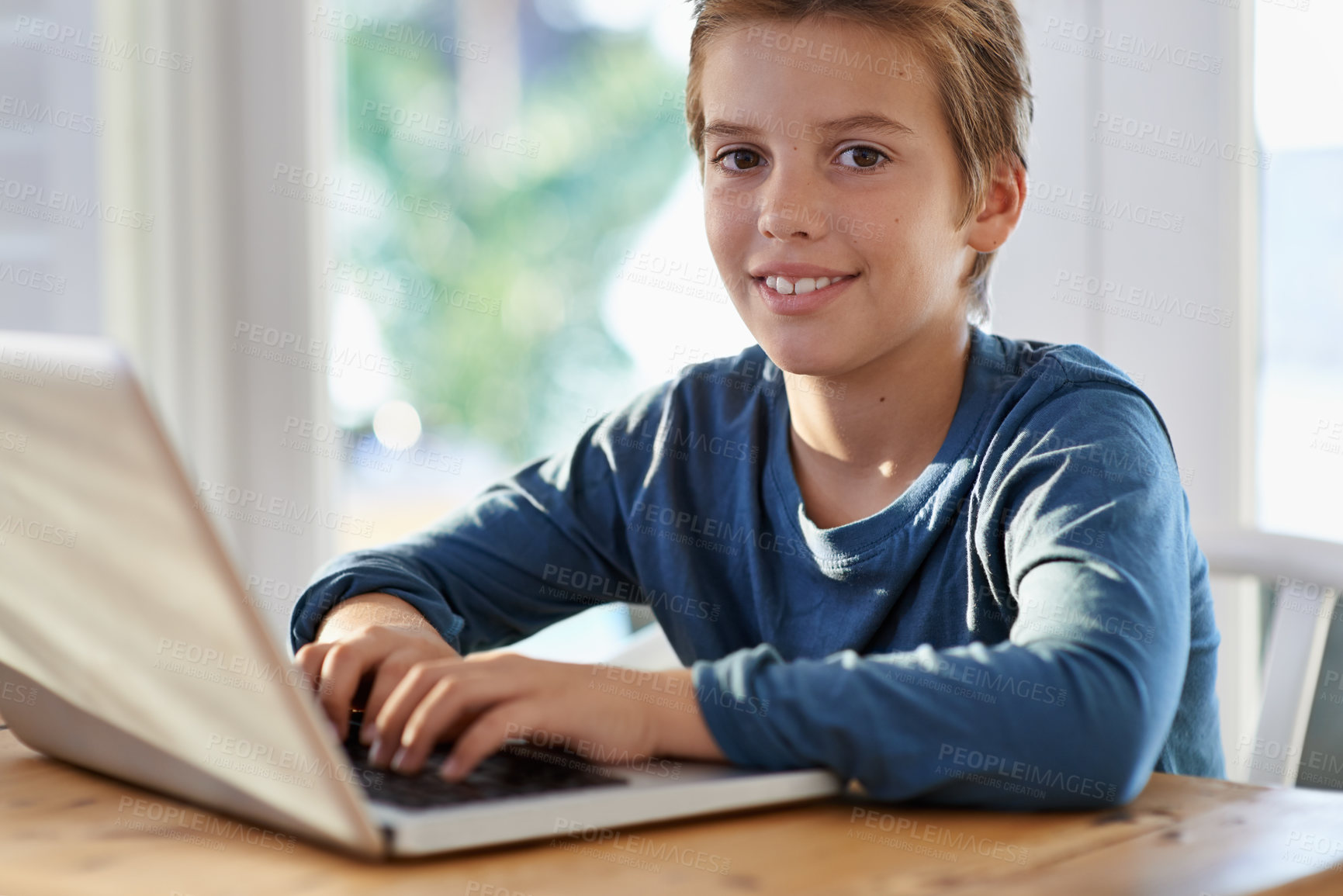 Buy stock photo Home, boy and kid with laptop in smile for online learning with child development, growth and study. Homework, internet and research with notes for assignment or school project, deadline and happy