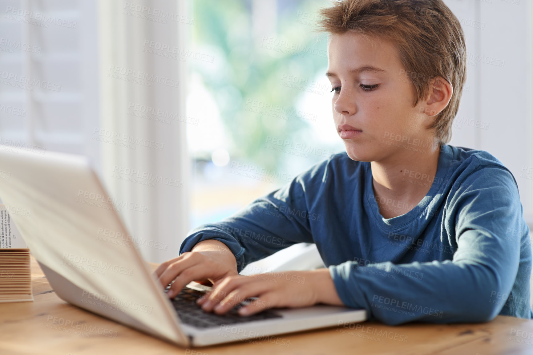 Buy stock photo Home, boy and kid with laptop to search for online learning or education for child development and study. Internet, homework and research with information or notes for school assignment or project