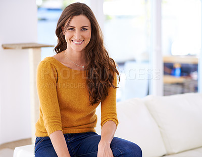 Buy stock photo Woman, portrait and casual to relax on sofa for leisure, comfort and peace with happiness for wellness or wellbeing. Female person, calm and unwind for weekend break, relaxed outfit and stress free.