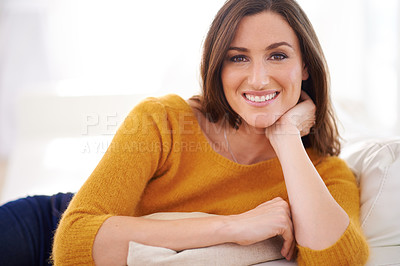 Buy stock photo Portrait of a woman sitting indoors resting her head on her hand