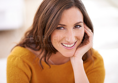 Buy stock photo Woman, portrait and home to relax with smile for leisure, comfort and peace with happiness for wellness or wellbeing. Female person, calm and unwind for weekend break, relaxed outfit and stress free.