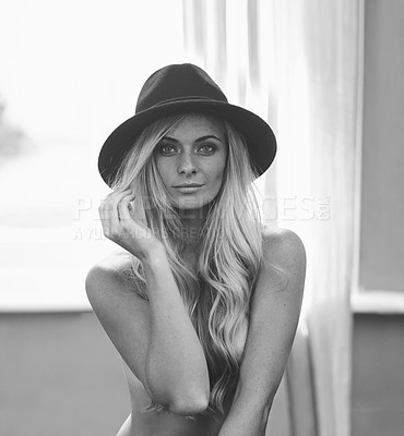 Buy stock photo Woman, portrait and hat with sensual, nude and skin for body and aesthetic. Model, accessory and naked with pride, artistic and empowerment with creative art deco and comfort in home or house