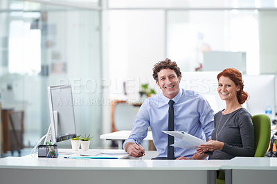 Buy stock photo Coworker, office and smile with document for contact or paperwork on administration, company policy and hr. Colleagues, work and file with computer for business and employee agreement or relations 