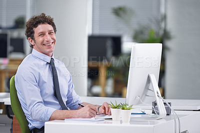 Buy stock photo Businessman, portrait and computer for writing notes in office, strategy and planning in journal. Male person, entrepreneur and pride for startup company, website and professional for online research