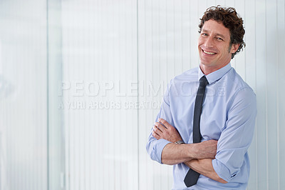 Buy stock photo Businessman, smile and portrait with office, confidence and happiness for job or career. Employee, workplace and corporate agency for accounting, working and trendy for positive workspace or cool