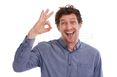 Buy stock photo Business man, portrait and okay sign for approval in studio, agreement and well done on white background. Male person, excited and emoji for positive feedback, motivation and praise on mockup space
