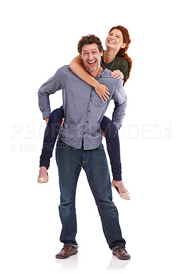 Buy stock photo Piggy back, love and smile with couple, portrait and happiness isolated on a white studio background. People, man carrying woman and romance with marriage and bonding together with date and trust