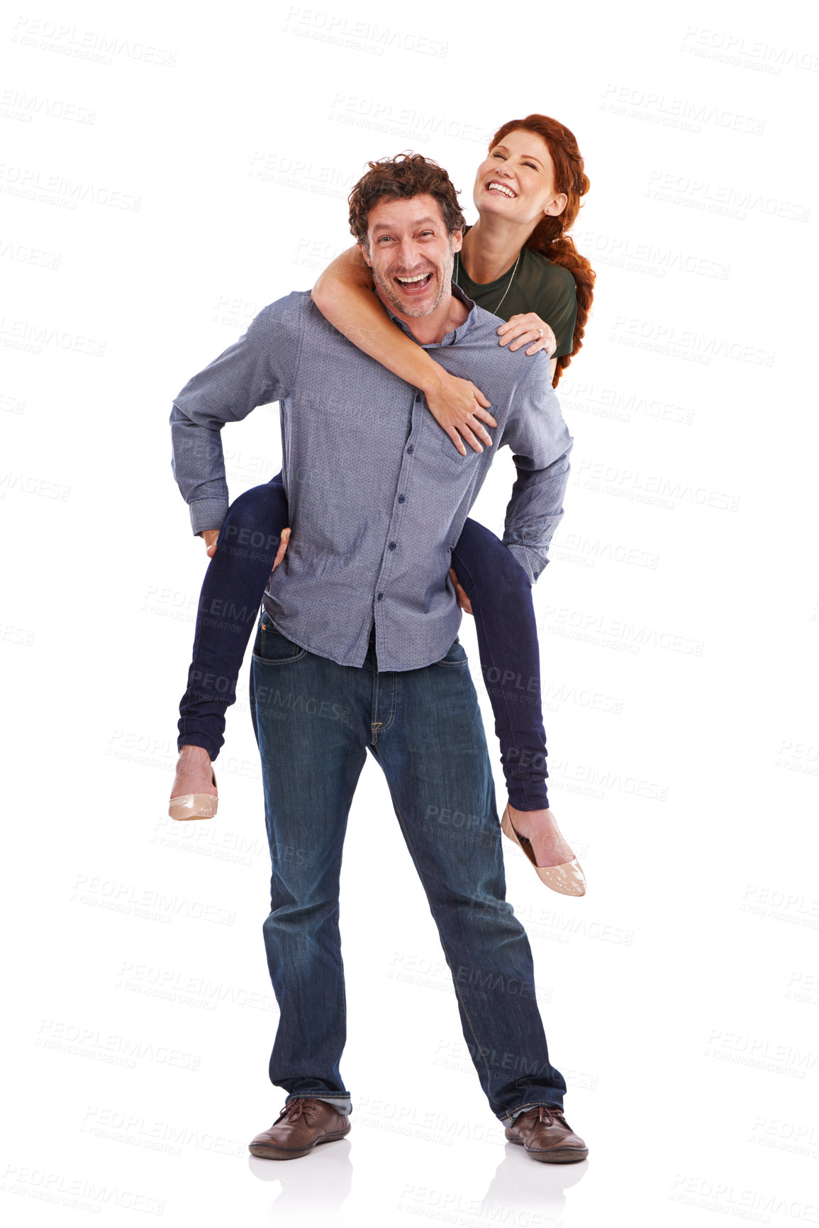 Buy stock photo Piggy back, love and smile with couple, portrait and happiness isolated on a white studio background. People, man carrying woman and romance with marriage and bonding together with date and trust