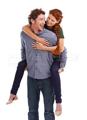 Buy stock photo Piggy back, love and smile with couple, happiness and relationship isolated on a white studio background. People, man carrying woman and romance with marriage and bonding together with date and joy