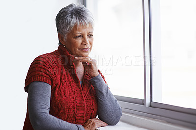 Buy stock photo Window, senior woman and thinking with ideas, home and retirement with decision and problem solving. Old person, elderly lady and pensioner with view and thoughts with wonder and solution with peace