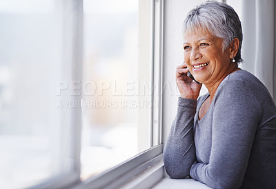 Buy stock photo Phone call, smile and elderly woman talking, speaking and chat on mobile conversation, discussion or networking. Communication, window and relax senior person talk to cellphone contact