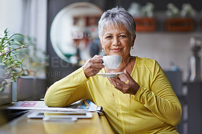 Buy stock photo Portrait, tea and mature woman in coffee shop to relax for break, retirement or weekend free time. Cafe, customer and happy person drinking fresh, warm beverage in restaurant for morning satisfaction